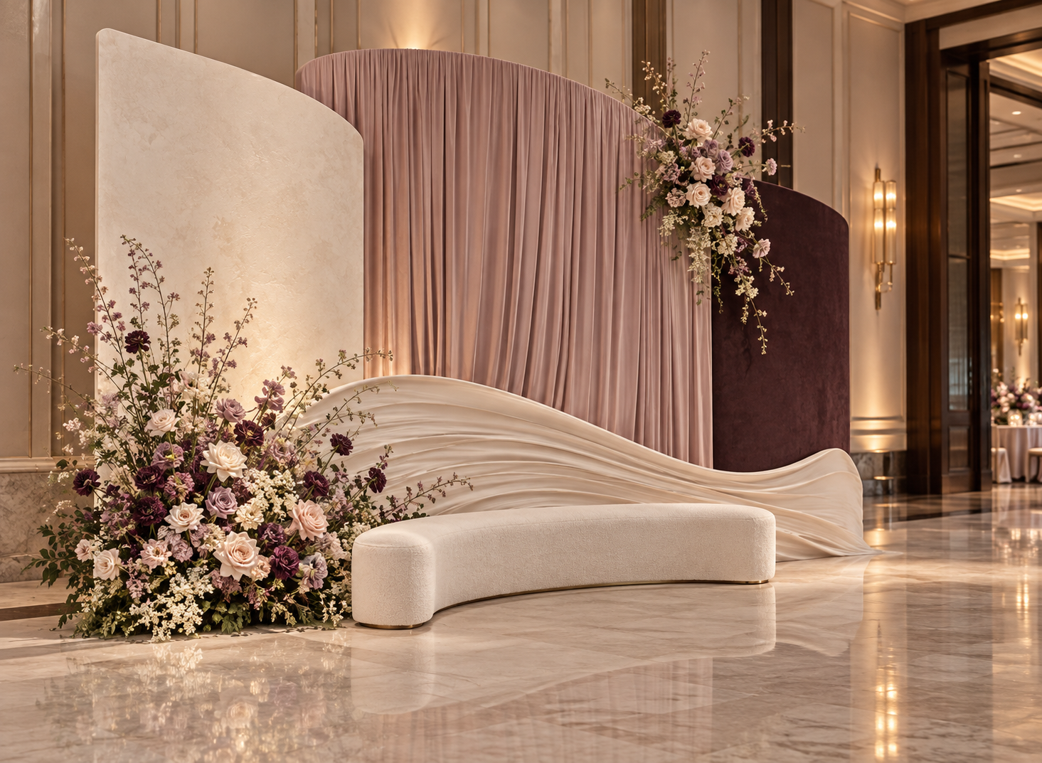 Sculptural ivory seating, draped blush and plum panels, and airy floral arrangements in an elegant event space
