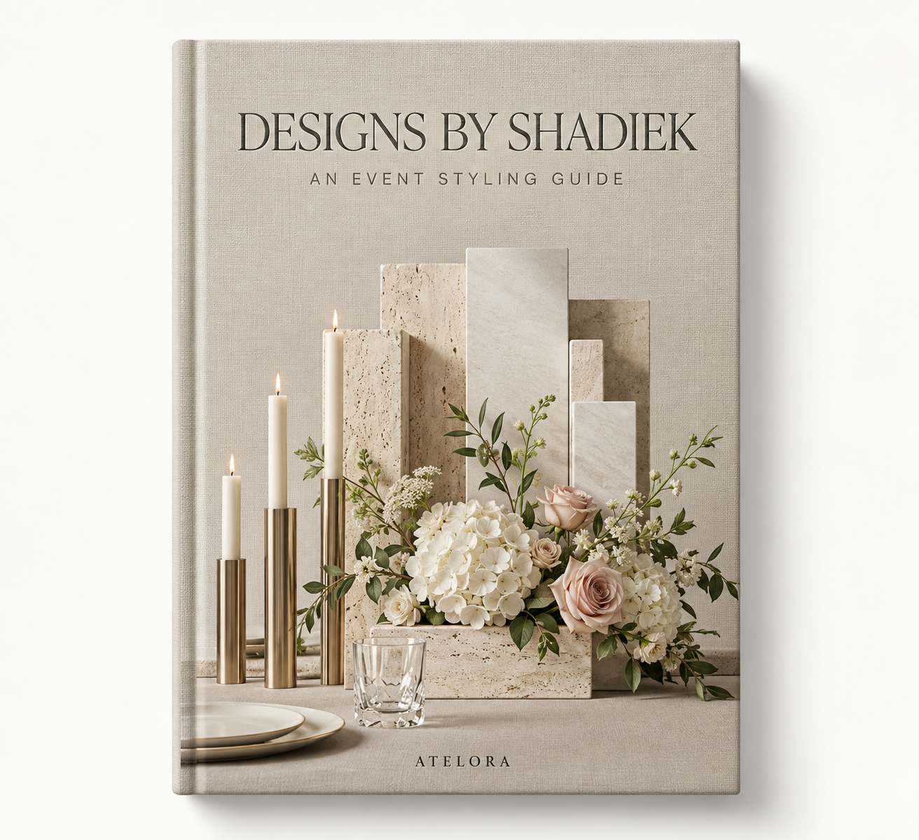 Approved Designs by Shadiek cover with linen, sculptural stone, ivory florals and champagne candleholders