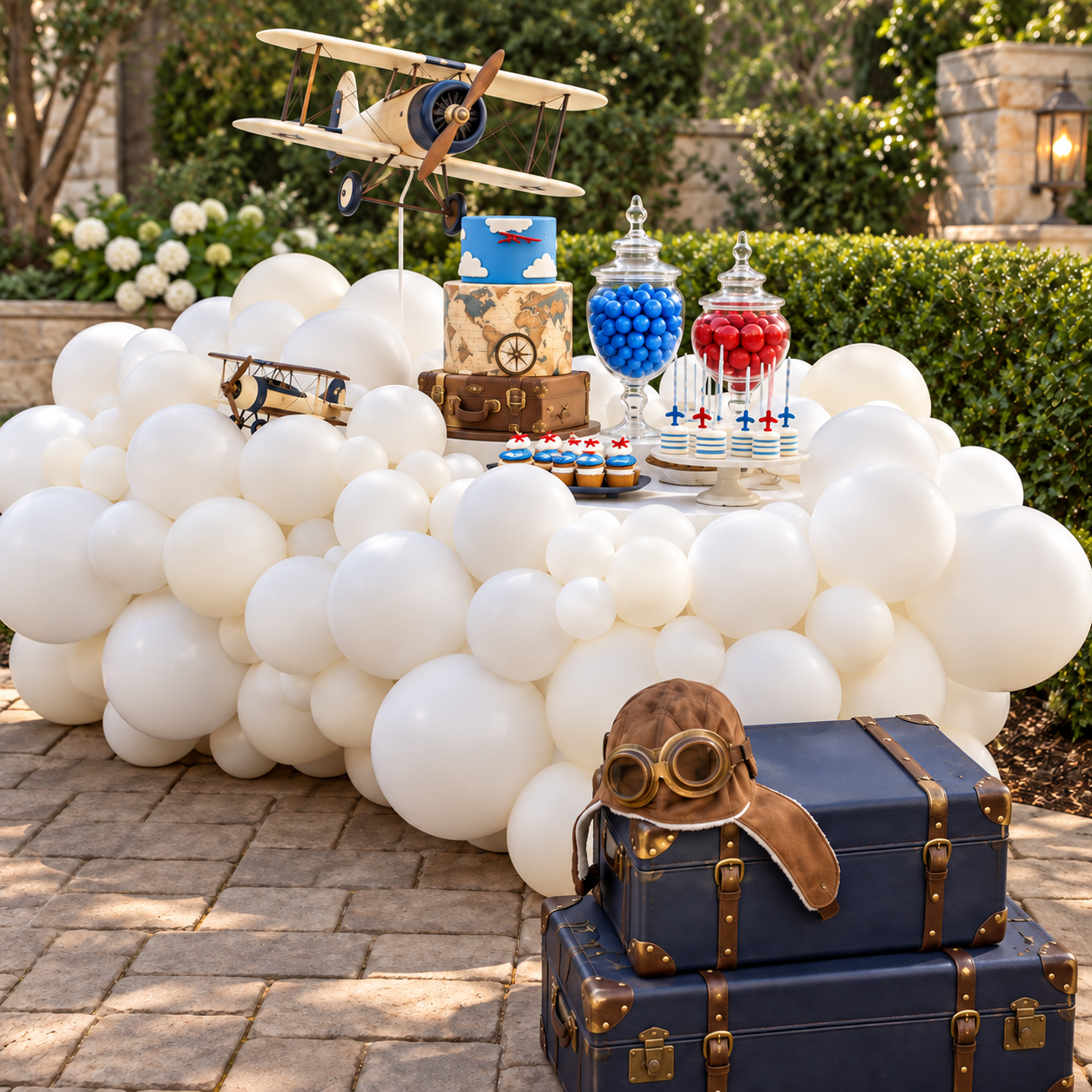 Aviator birthday dessert table wrapped in white balloon clouds, with vintage airplanes, a suitcase-and-map cake, red and blue treats, and navy travel trunks