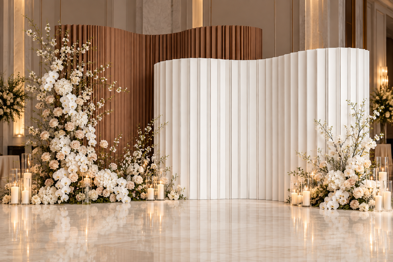 Curved fluted ivory and walnut backdrop panels framed by white orchids, cream roses, flowering branches and glass cylinder candles